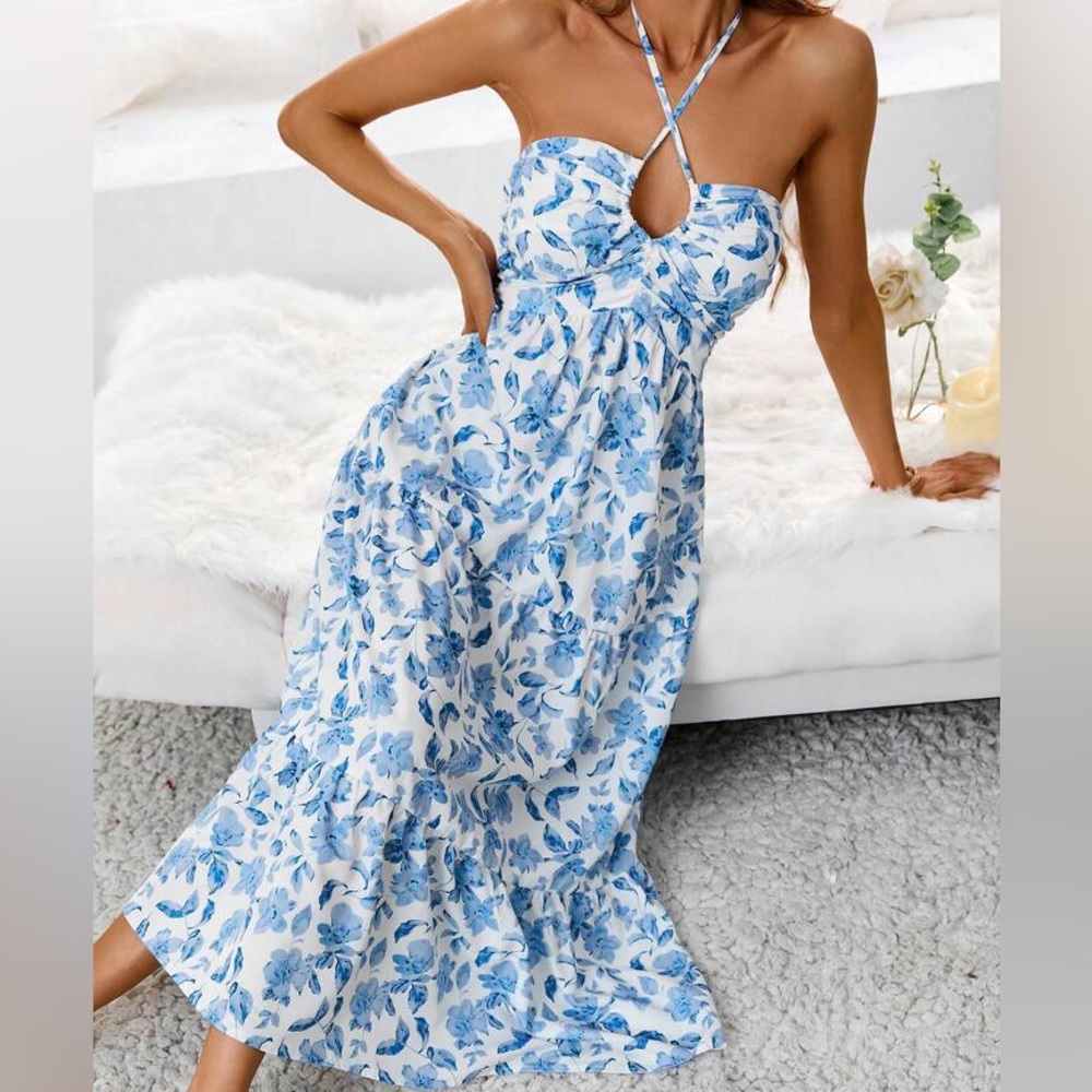 SHEIN Floral Print Tie Backless Layered Hem Halter Dress- Blue and White L